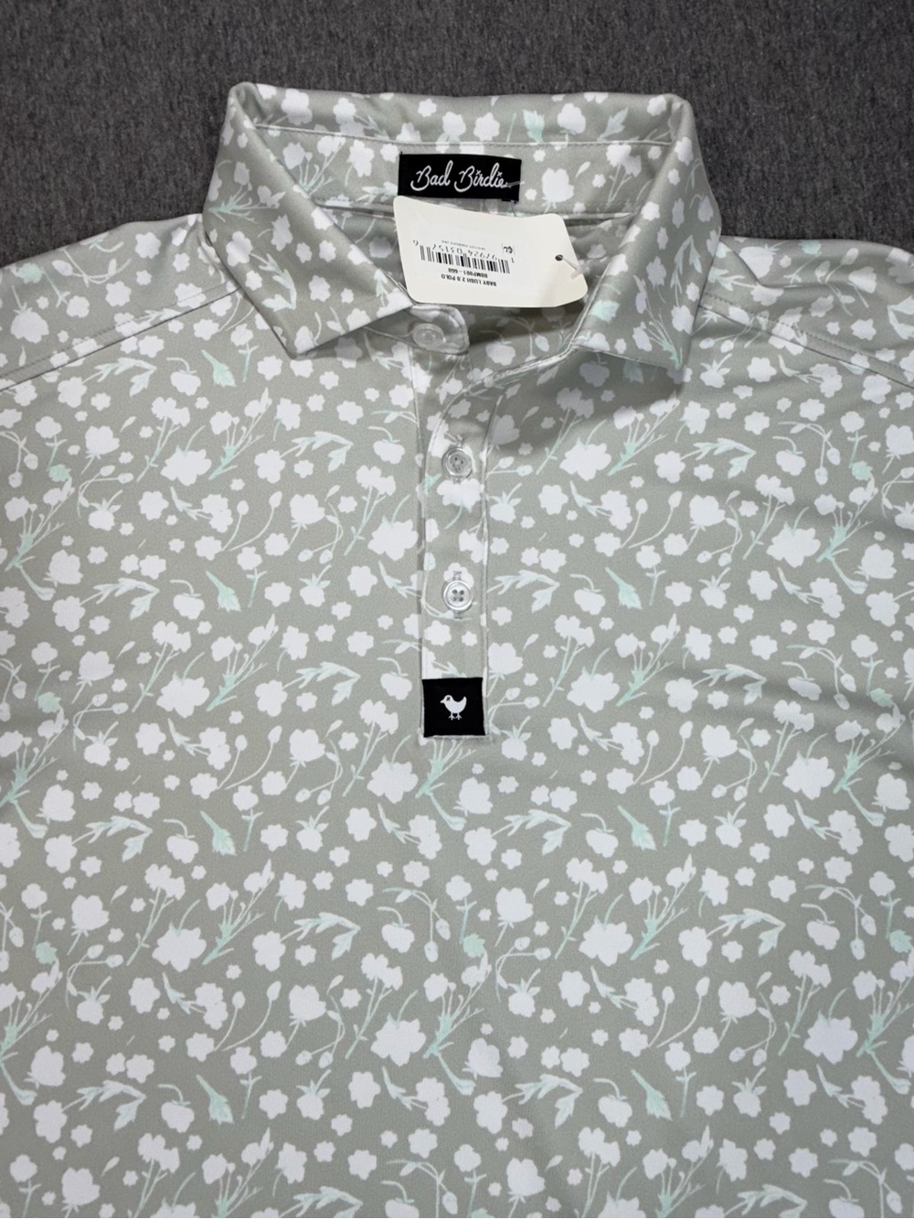 Bad Birdie Core Polo Shirt Mens S Baby Lush 2.0 Tan/Gray White Floral Golf Perf